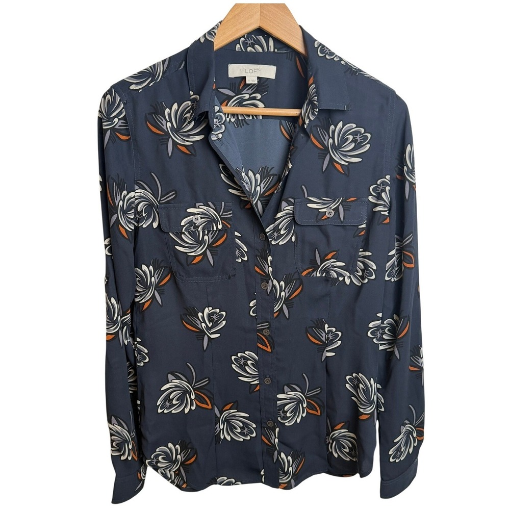LOFT Women Dark Tropical Button Down Blouse S Blue Floral Utility Pocket Office